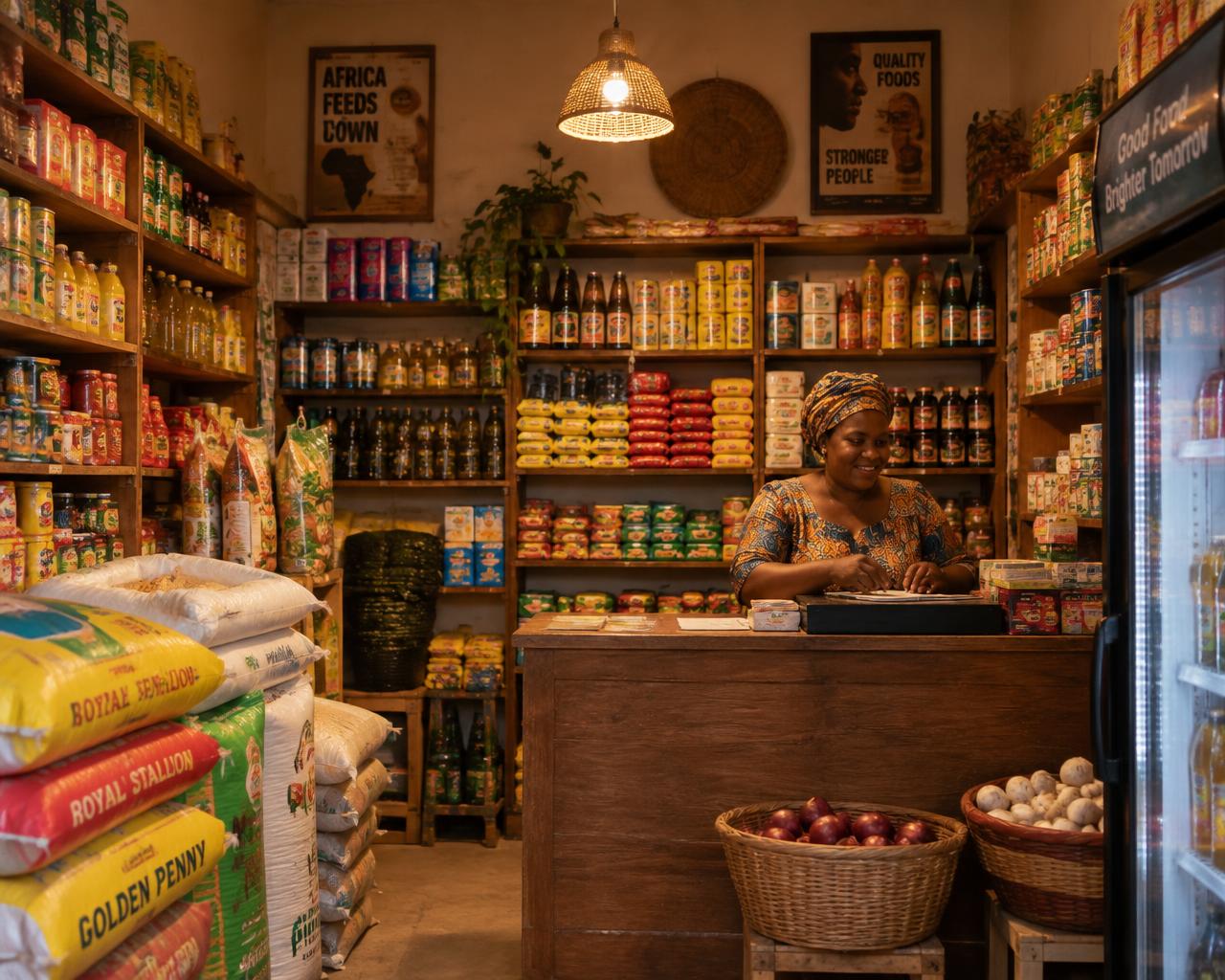 Warm interior of TEGA AFRO STORE with stacked goods